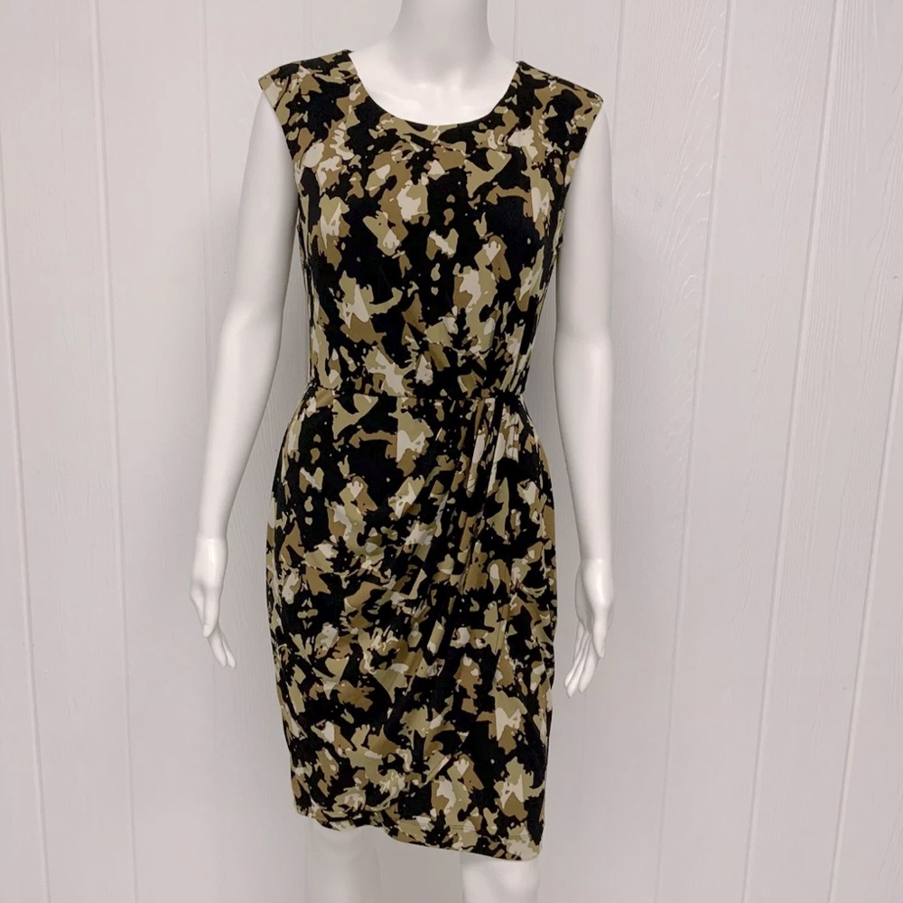 Calvin Klein Ruched Black & Tan Abstract Geo Print Faux Wrap Midi Dress Size 12